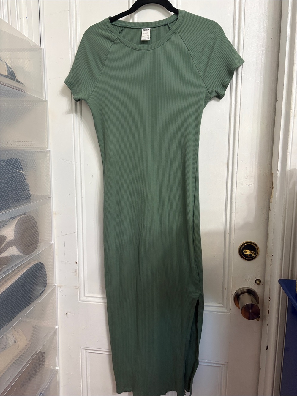 PINK Victoria's Secret Sage Green Ribbed Short-Sleeve Maxi Dress with Side Slit